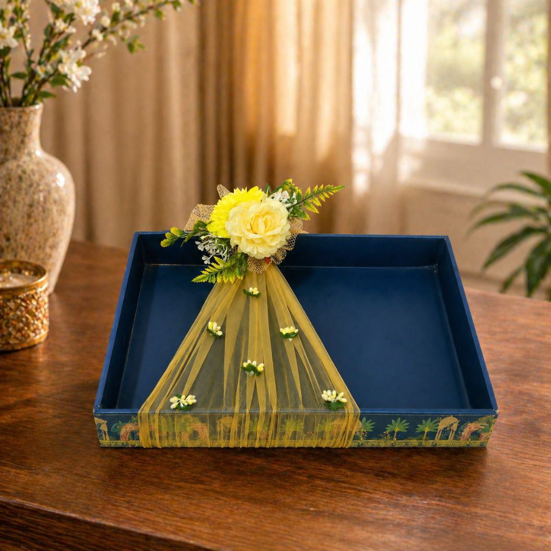 (Set of 3)Premium Navy Blue Ready-to-Use Gift Tray with Yellow Net & Floral Decor (16 x 12 Inch) - Adscraft.in
