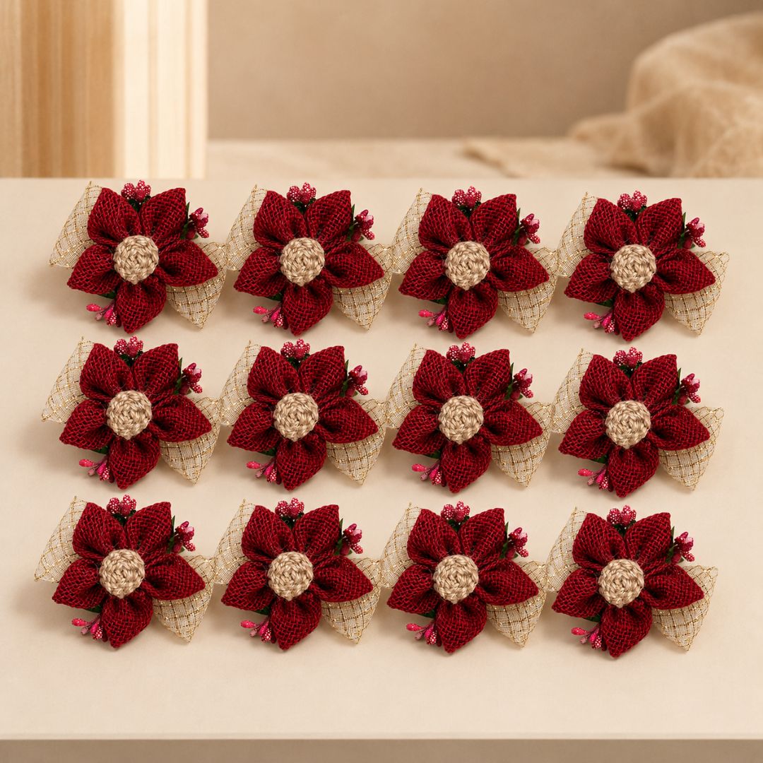 Set of 5 Maroon Jute Floral Golden Bow Decoration Accessories for Hamper Packing