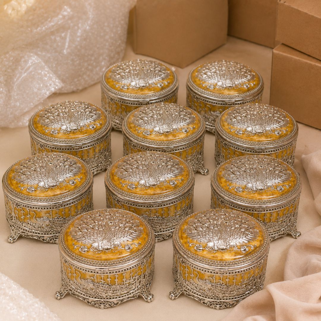 Premium German Silver Peacock Jewellery Box – 3 Inch Round with Velvet Interior