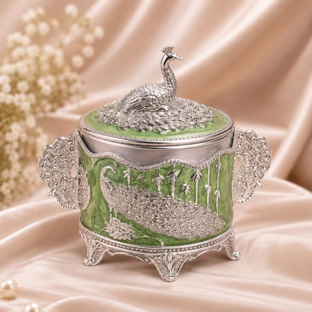 Luxury German Silver Peacock Dry Fruit Box with Handles – Green Enamel Finish (6 Inch) - Adscraft.in