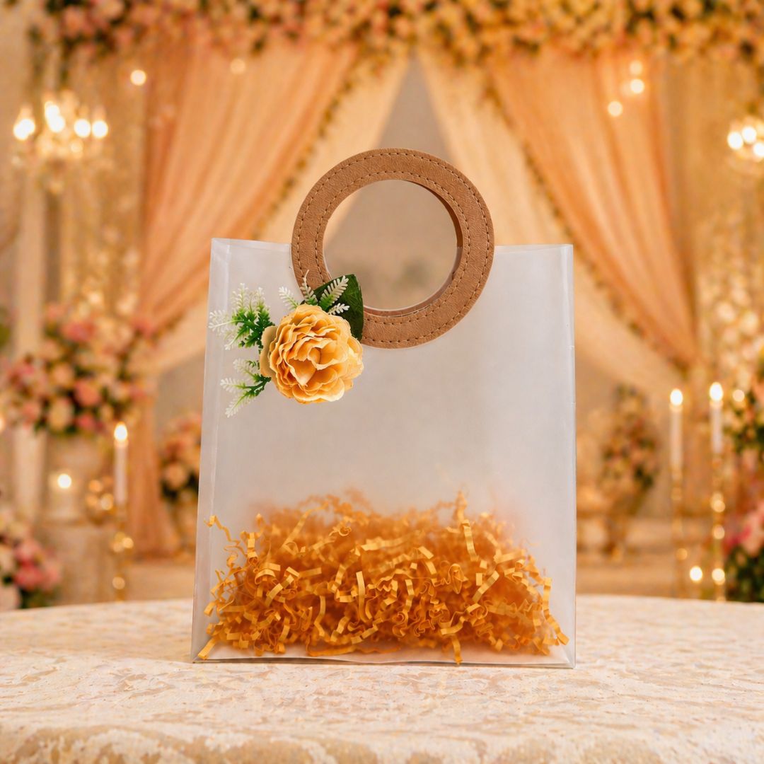 (Set of 5)Premium Frosted Gift Bag with Designer Handle & Floral Accent –(7 x 10 Inches)