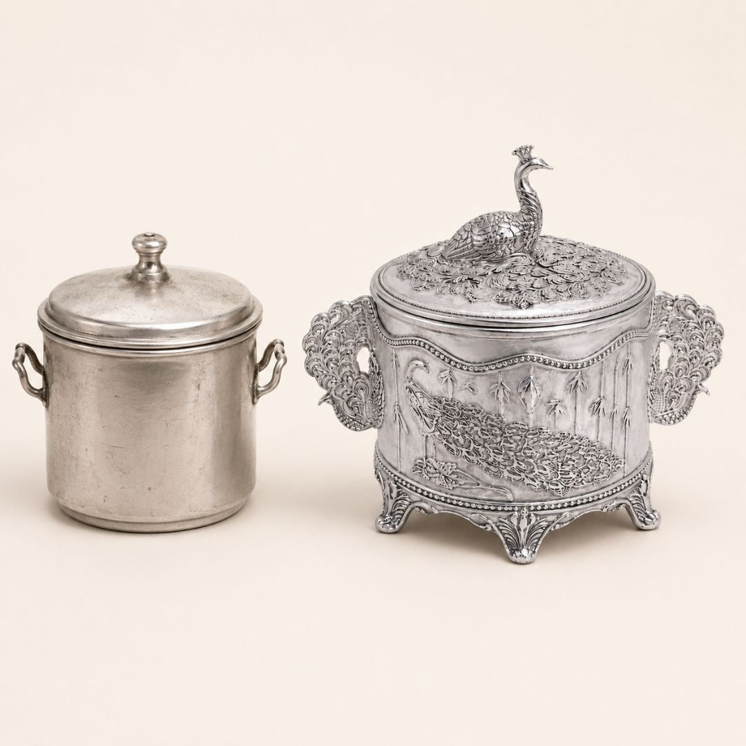 Royal Peacock German Silver Dry Fruit & Sugar Pot – Classic Silver Finish (4 Inch) - Adscraft.in