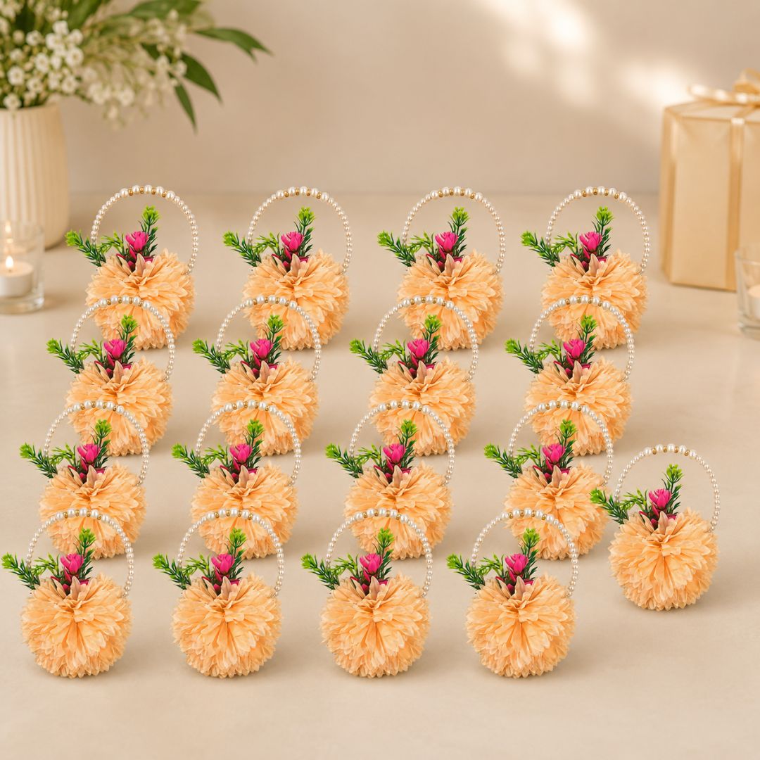 Set of 5 Peach Pearl Handle Floral Decorative Accessories for Hamper & Trousseau Packing