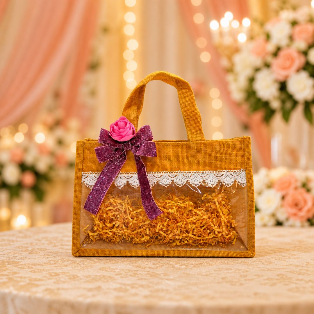 (Set of 5)Premium Jute Transparent Gift Bags with Lace & Floral Bow – 10 x 14 Inch Sizes
