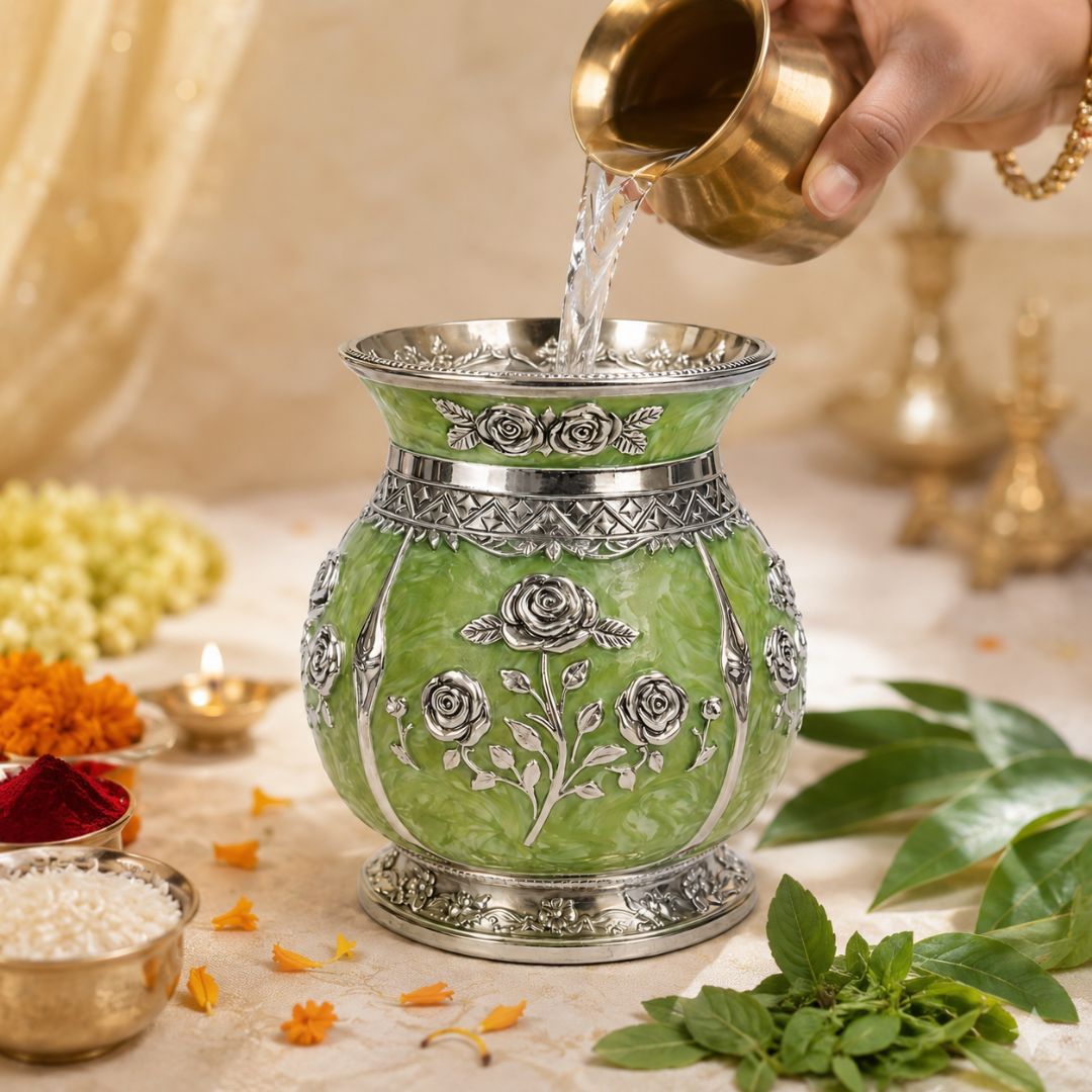 German Silver Floral Kalash with Green Enamel Work