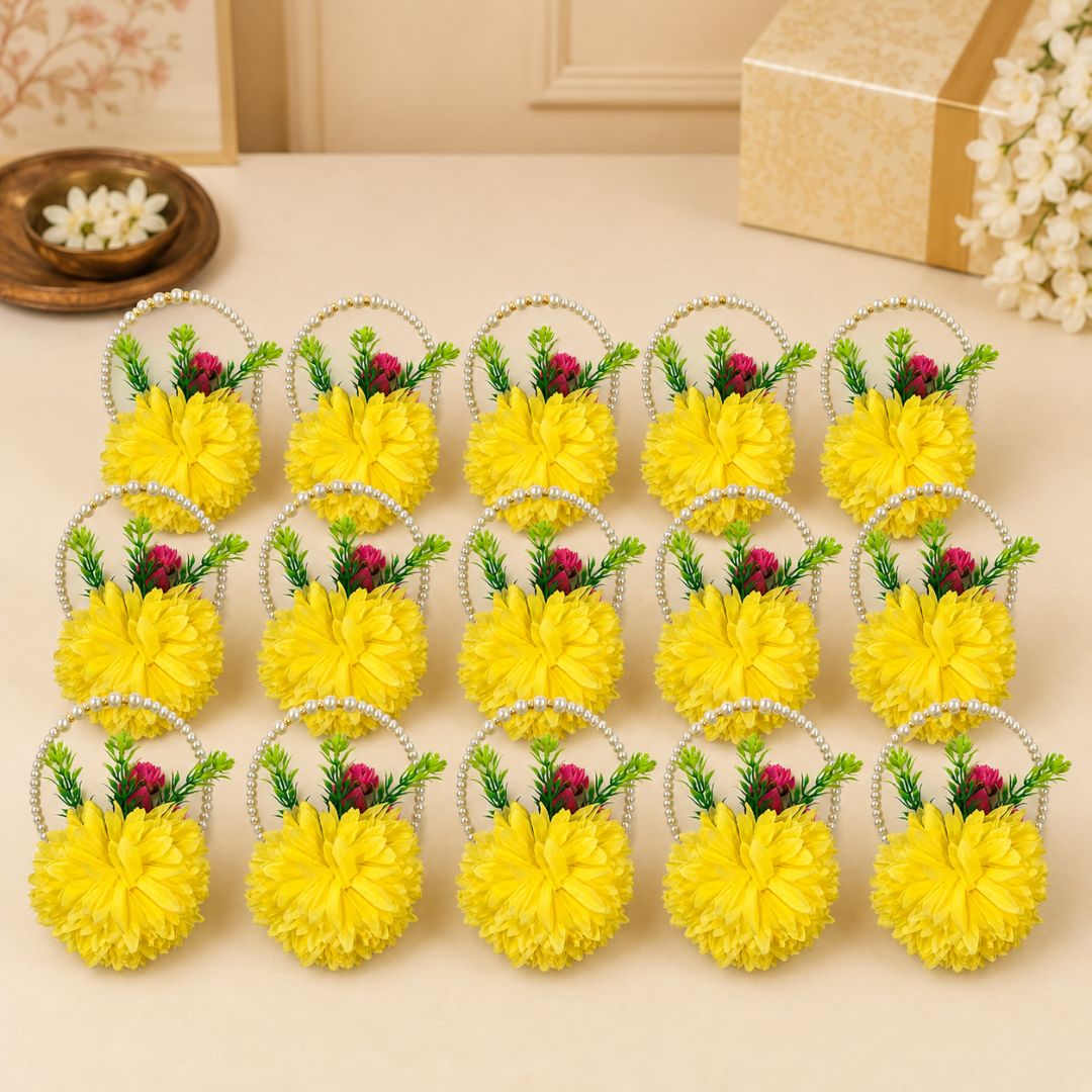 Set of 5 Yellow Pearl Handle Floral Decorative Accessories for Hamper & Trousseau Packing