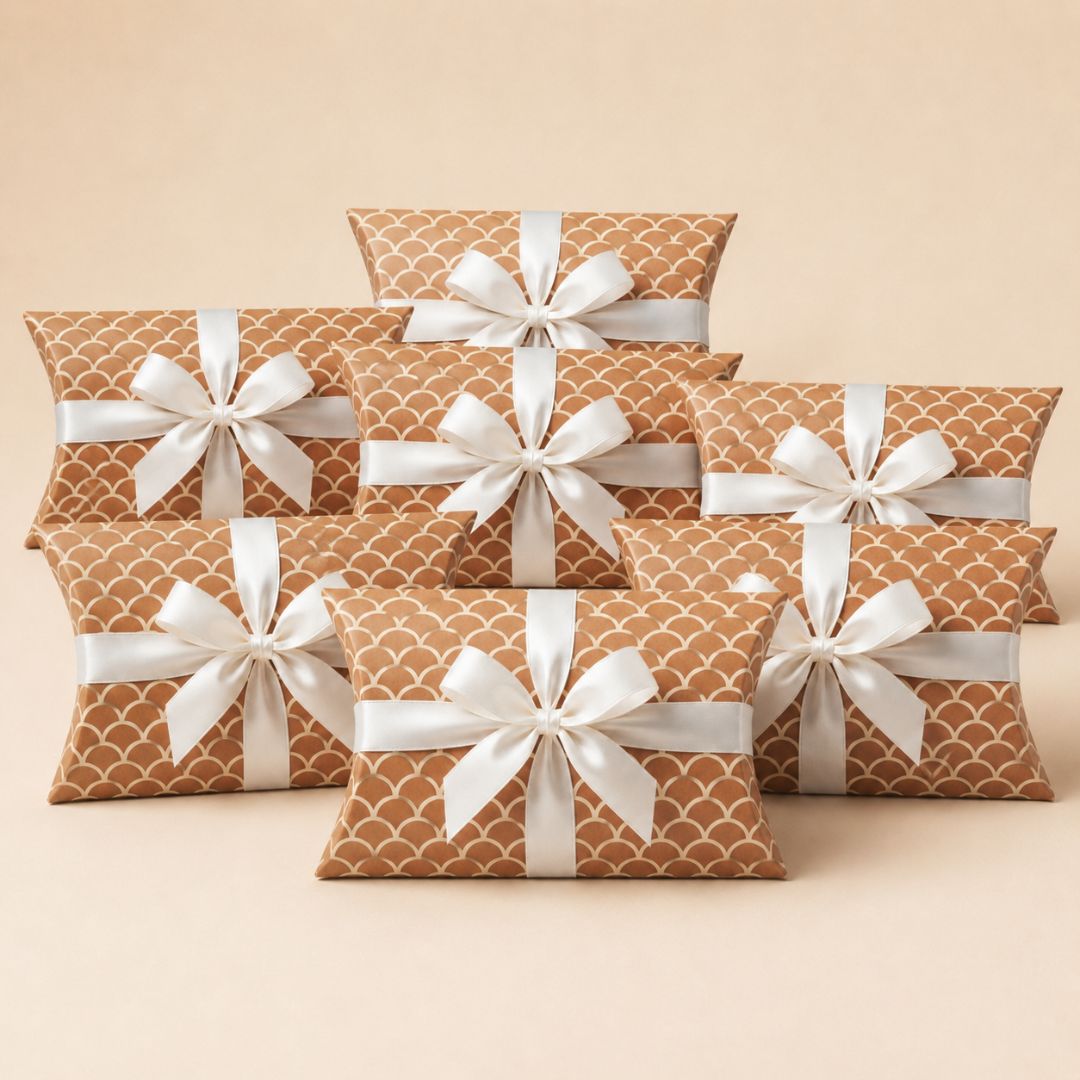 Pack of 24-Brown Scallop Pattern Pillow Gift Box with White Ribbon