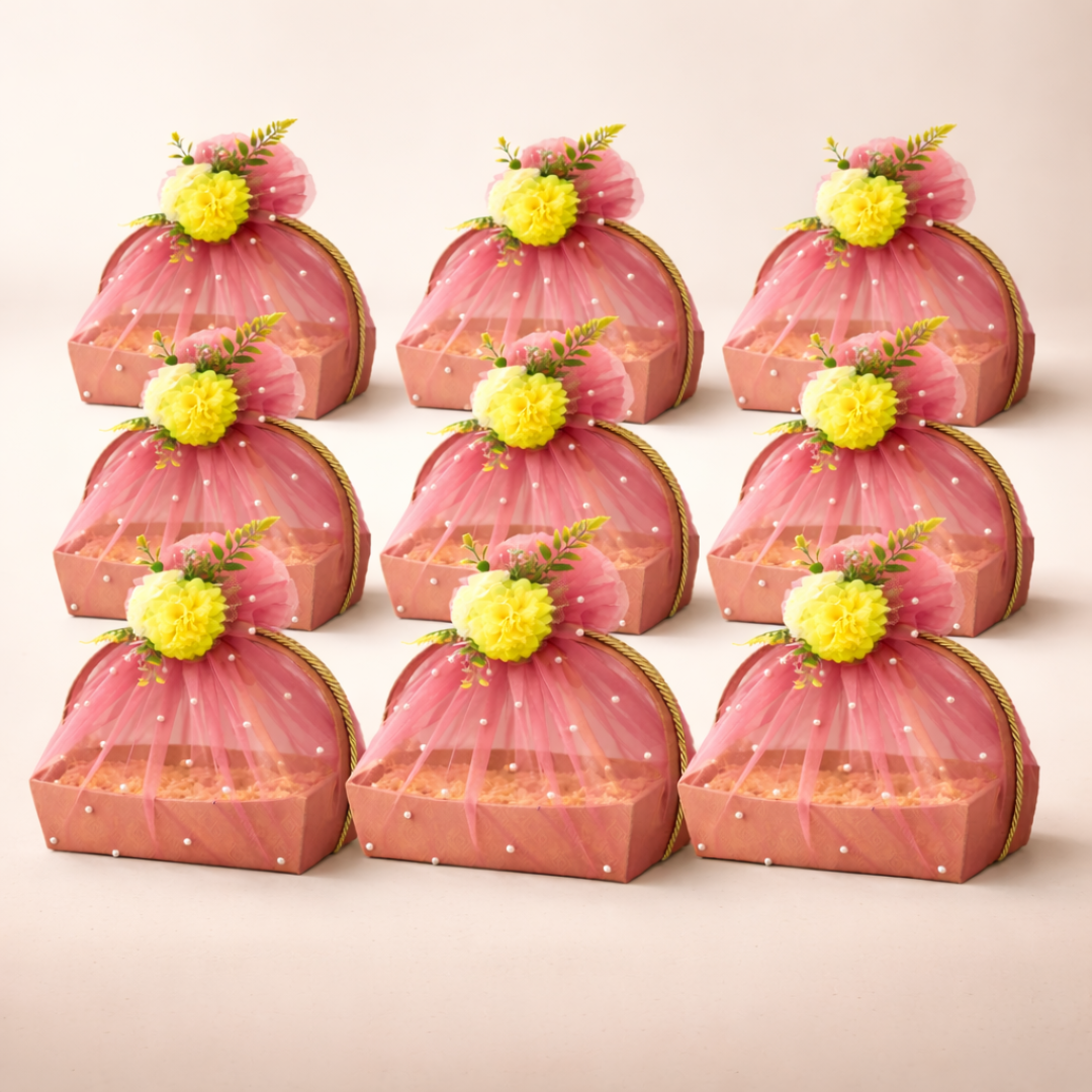 (Set of 3)Premium Peach Net Gift Basket with Floral Top –  (11 x 15 Inches)