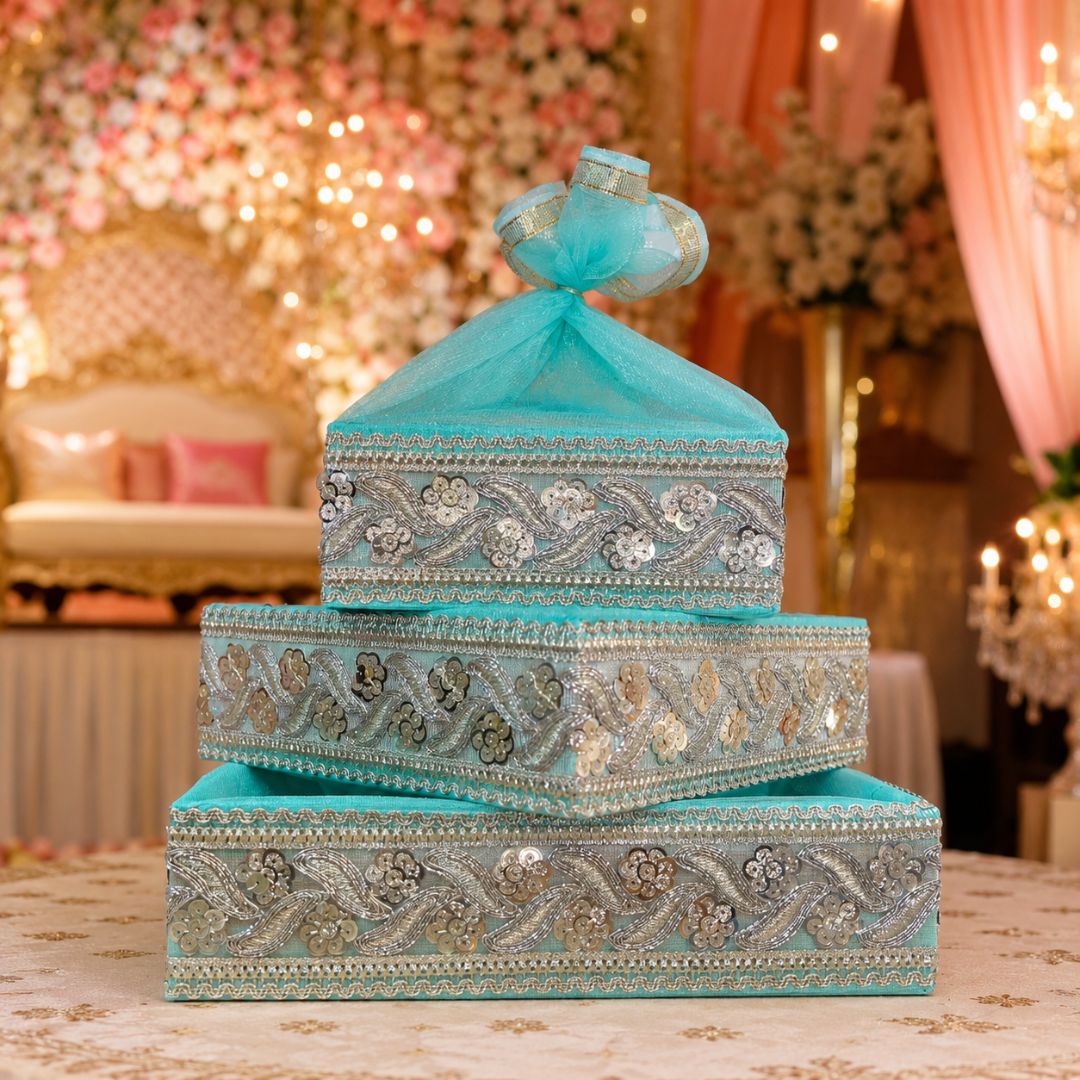 Set of 3-Turquoise Silver Embroidered Wedding Hamper Basket  Set