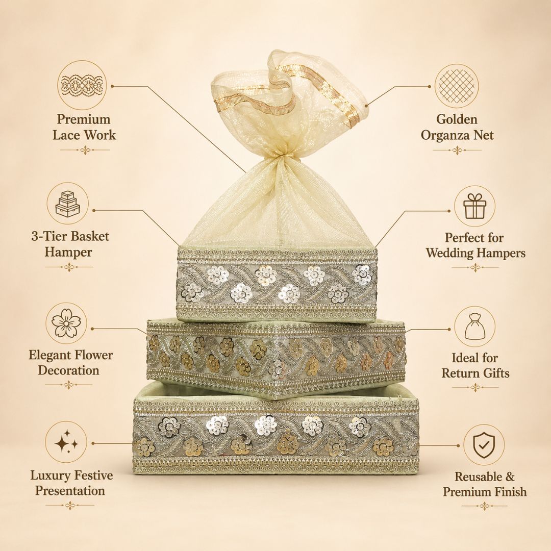 Pista Green Potli Basket Set of 3 – Wedding Hamper & Trousseau Packing (8", 10", 12"). "(set of 3)"