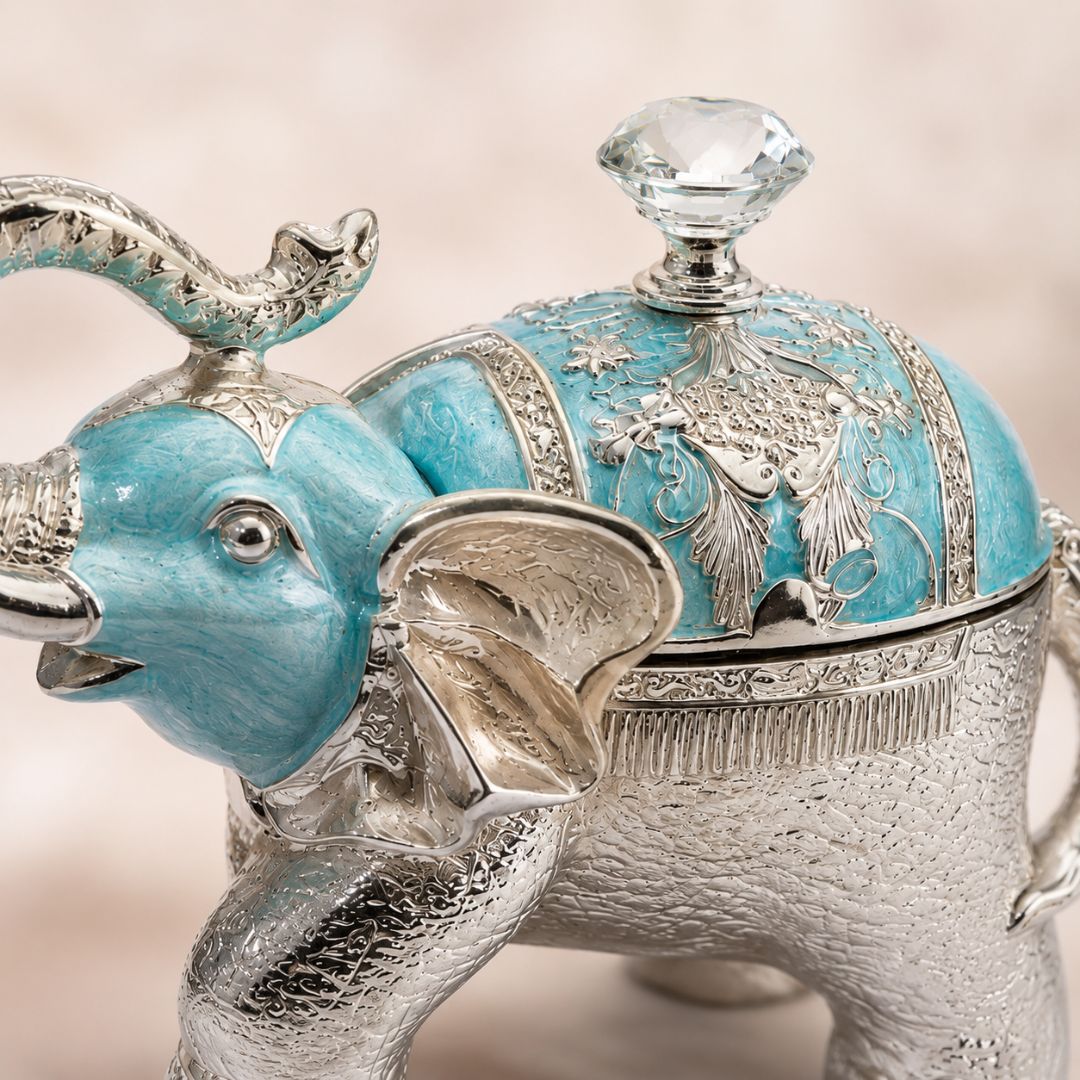 Luxury Silver Elephant Dry Fruit Box with Blue Enamel Finish | Decorative Storage & Gifting Box (8 x 6 Inch)
