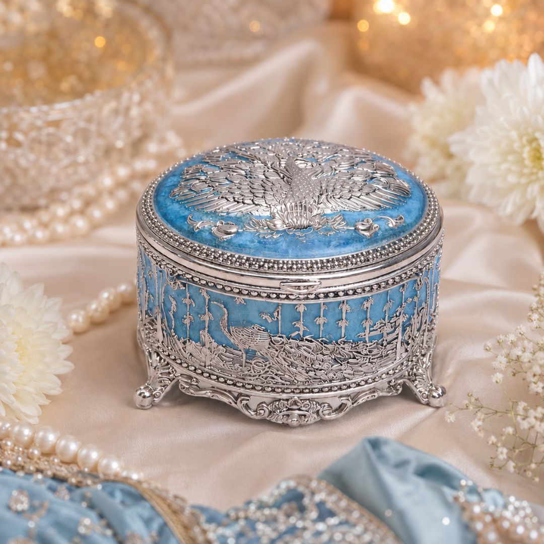 German Silver Peacock Design Round Box (3 Inch) – Luxury Dry Fruit & Return Gift Box