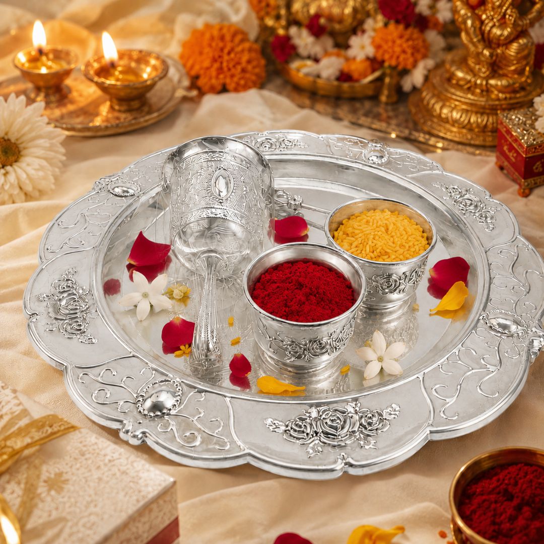 Premium German Silver Tray Set with Bowls & Spoon for Pooja, Serving & Gifting - Adscraft.in