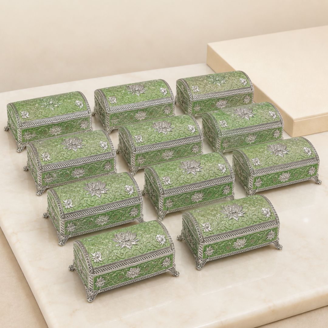 Luxury German Silver Floral Long Storage Box – Green Enamel Finish (7.5 x 3.5 Inch)