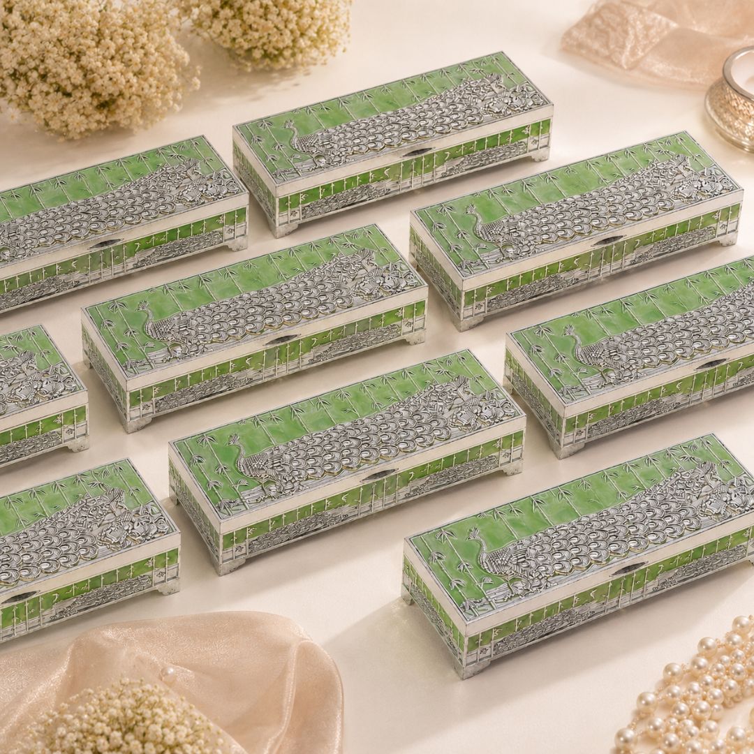 Premium German Silver Peacock Dry Fruit Box with Green Enamel Finish (9 x 3.5 x 2 Inch)