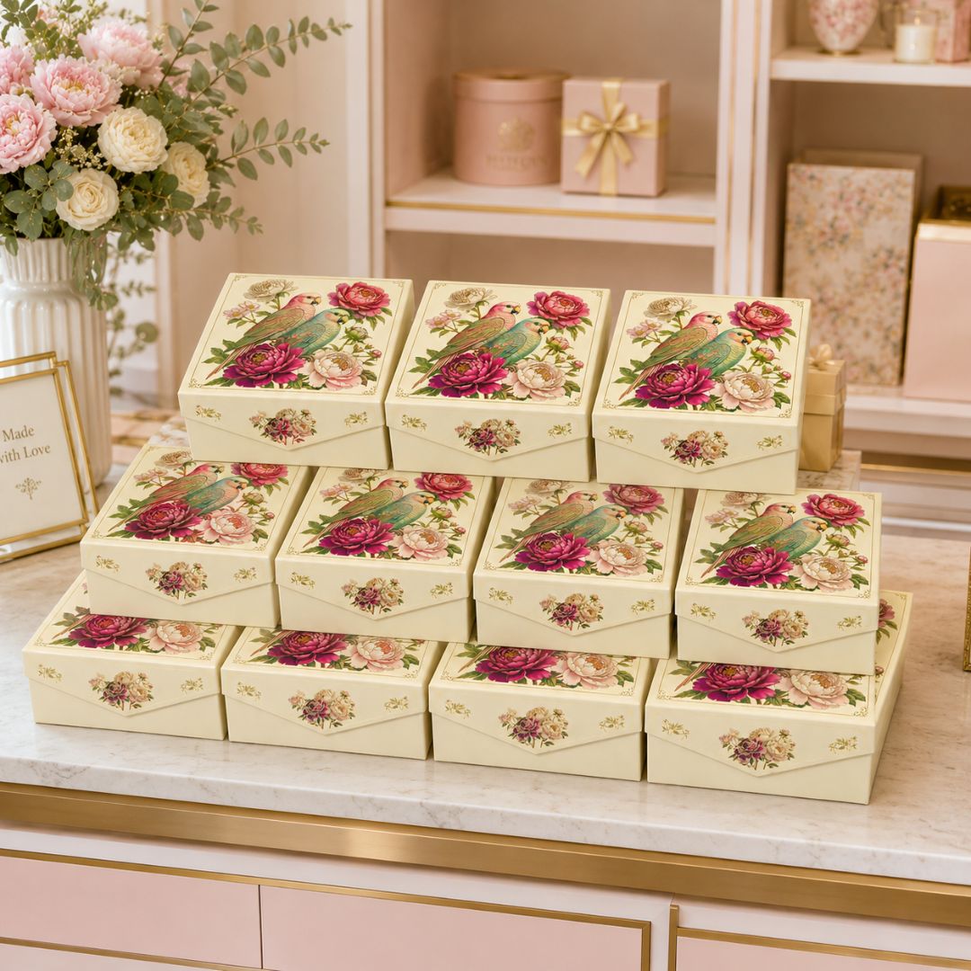 Pack of 5 Parrot Floral Printed Square Gift Box – Premium Hamper Packaging Box - Adscraft.in