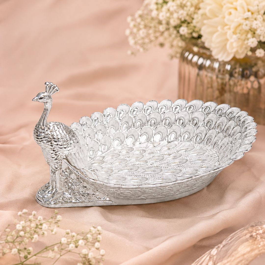 Peacock-Shaped German Silver Dry Fruit Tray (8 Inch) – Elegant Wedding & Festive Serving Platter - Adscraft.in