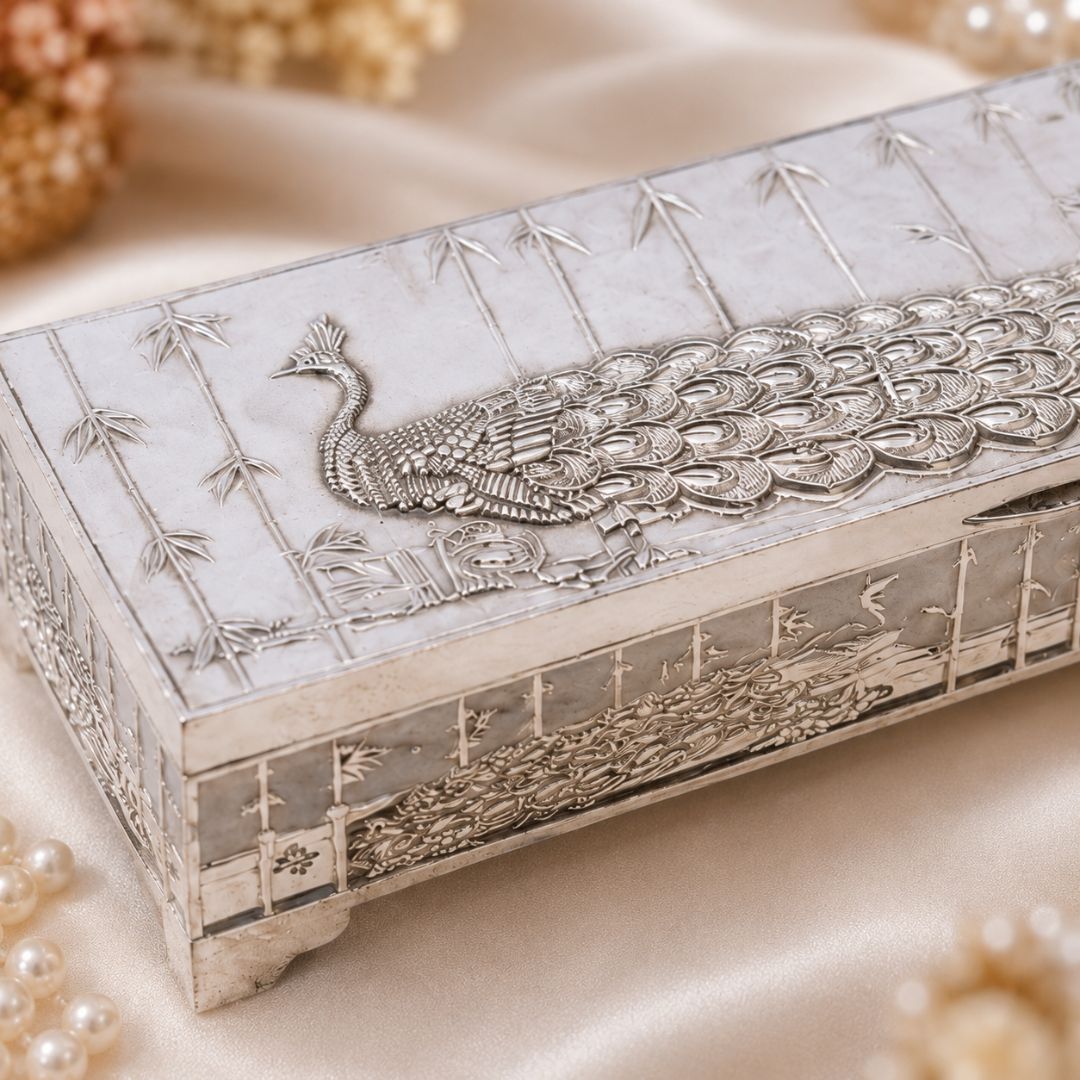 Premium German Silver Peacock Dry Fruit Box – Plain Silver Finish (9 x 3.5 x 2 Inch)
