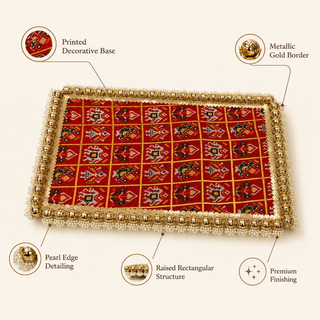 Red Patola Pearl Border Wedding Trousseau Tray