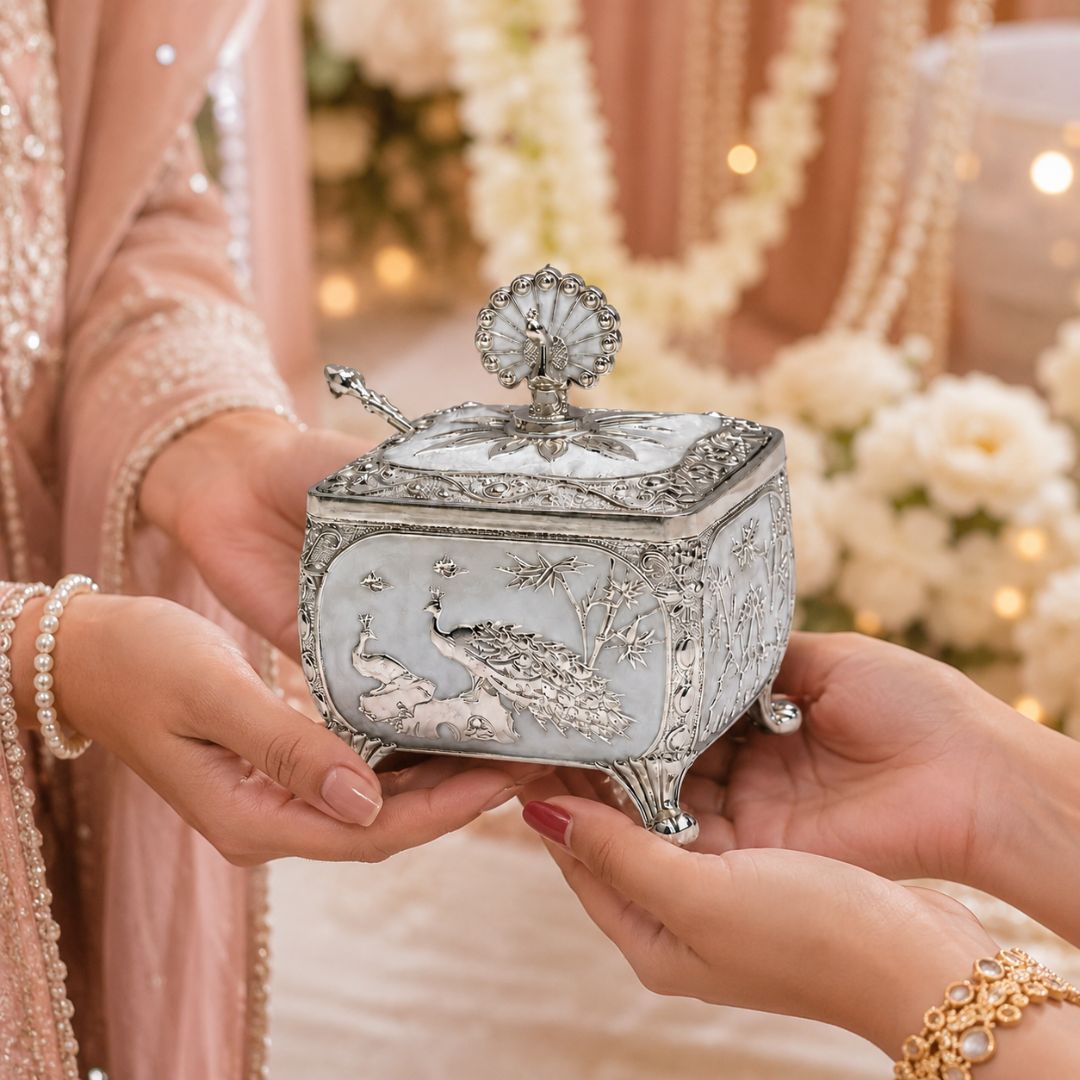 Royal White German Silver Peacock Dry Fruit Box (4 x 4 Inch) – Luxury Wedding & Festive Gift