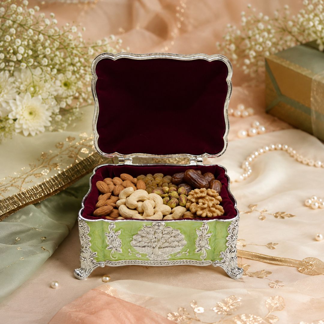Green Enamel German Silver Decorative Jewellery & Keepsake Box (4 x 3 x 3 Inch)
