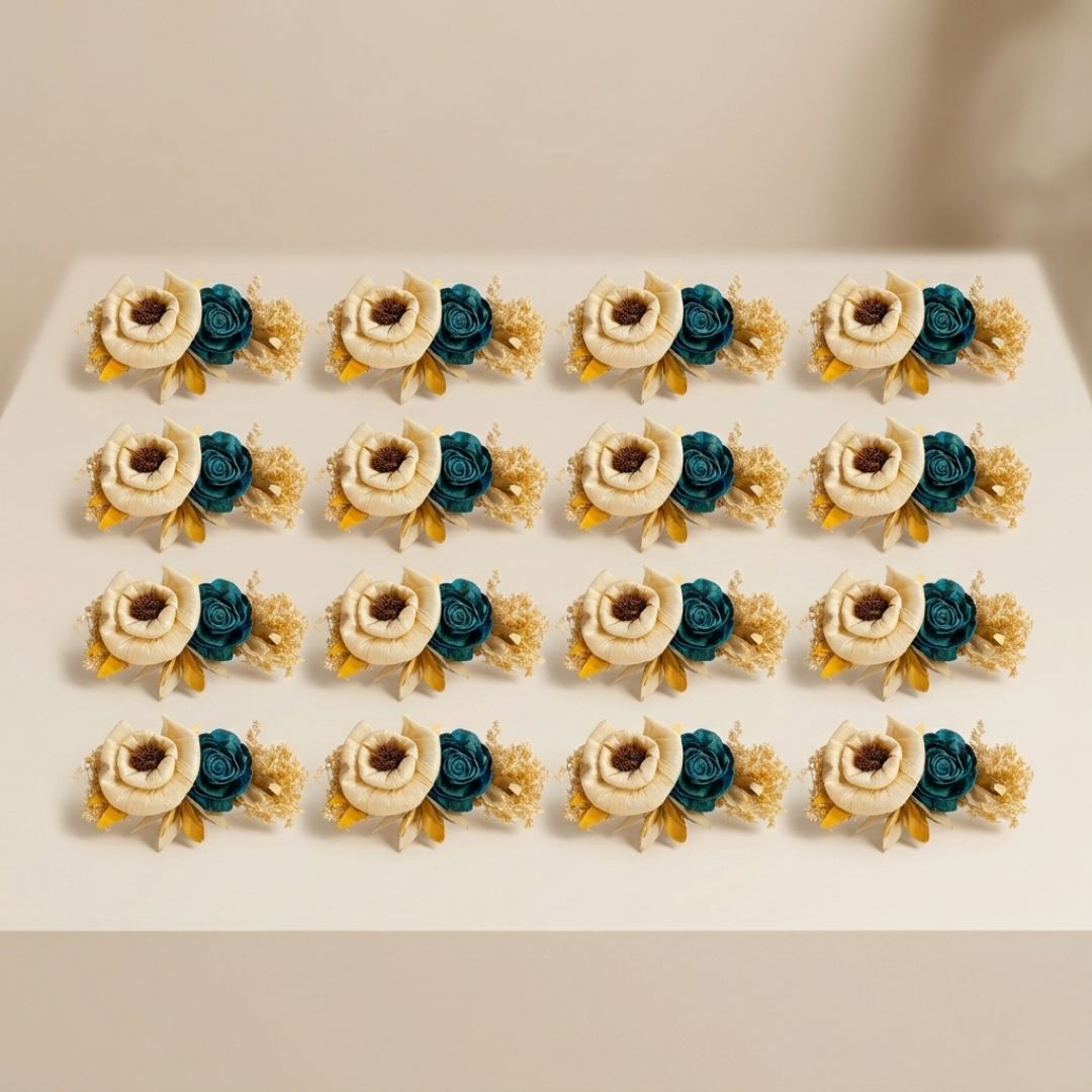 Set of 5 Cream & Teal Floral Decorative Accessories for Hamper & Trousseau Packing