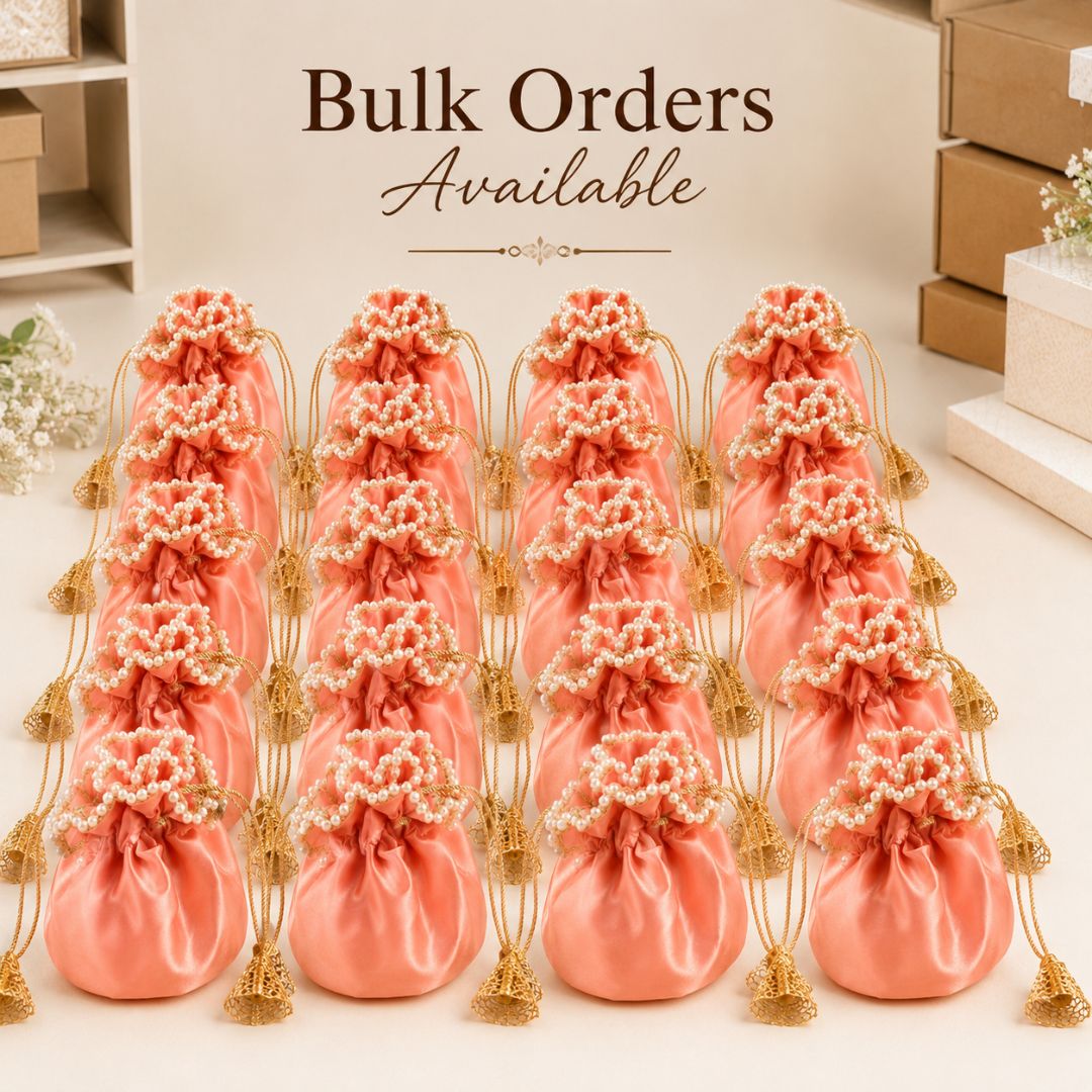 Pack of 5 -Peach Pearl Loop Drawstring Potli Bag