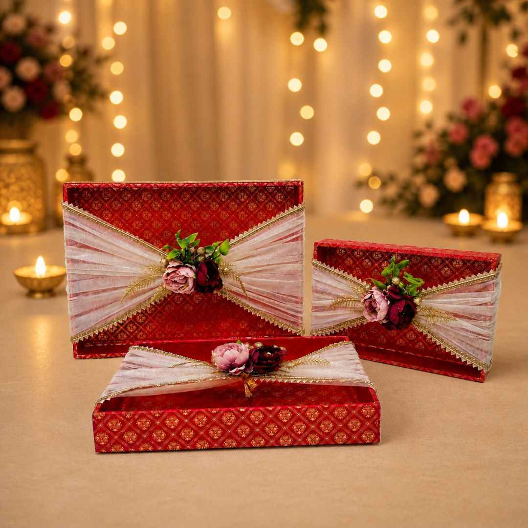 (Set of 3)Premium Red Floral Net Decorative Tray – Wedding Trousseau & Gift Packing Trays
