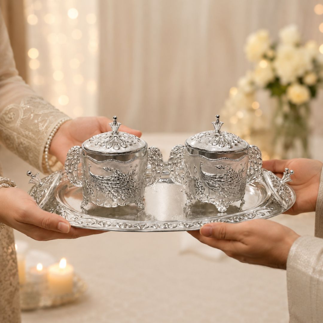 German Silver White Peacock Container Set with Tray
