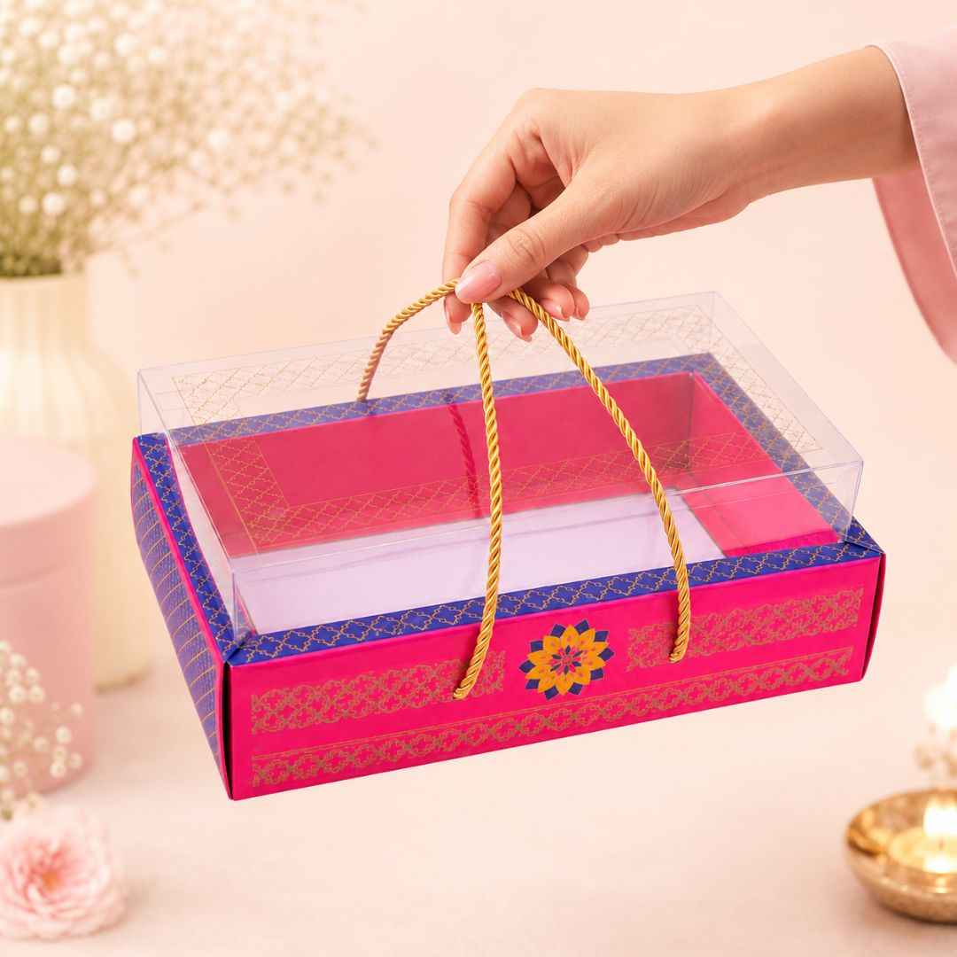 Pack of 5- Pink Blue Transparent Lid Gift Tray Box