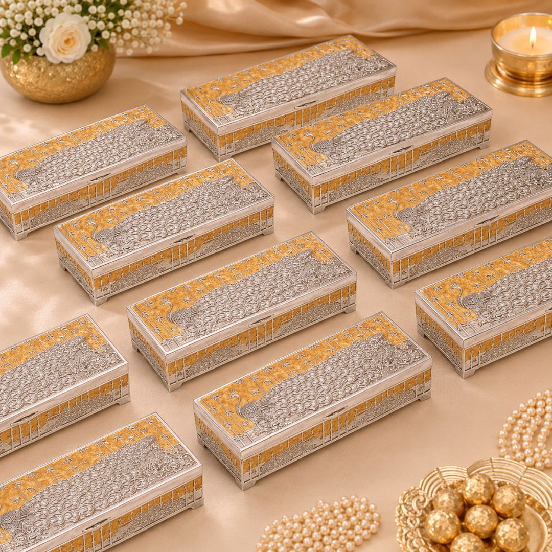 Premium German Silver Peacock Dry Fruit Box with Orange Enamel Finish (9 x 3.5 x 2 Inch)