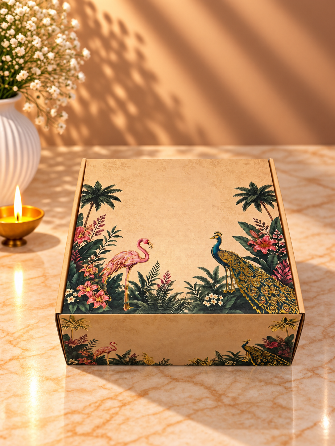 Peacock Printed corrugated hamper box 10 x 10 x 4 inches for Diwali, wedding and corporate gifting