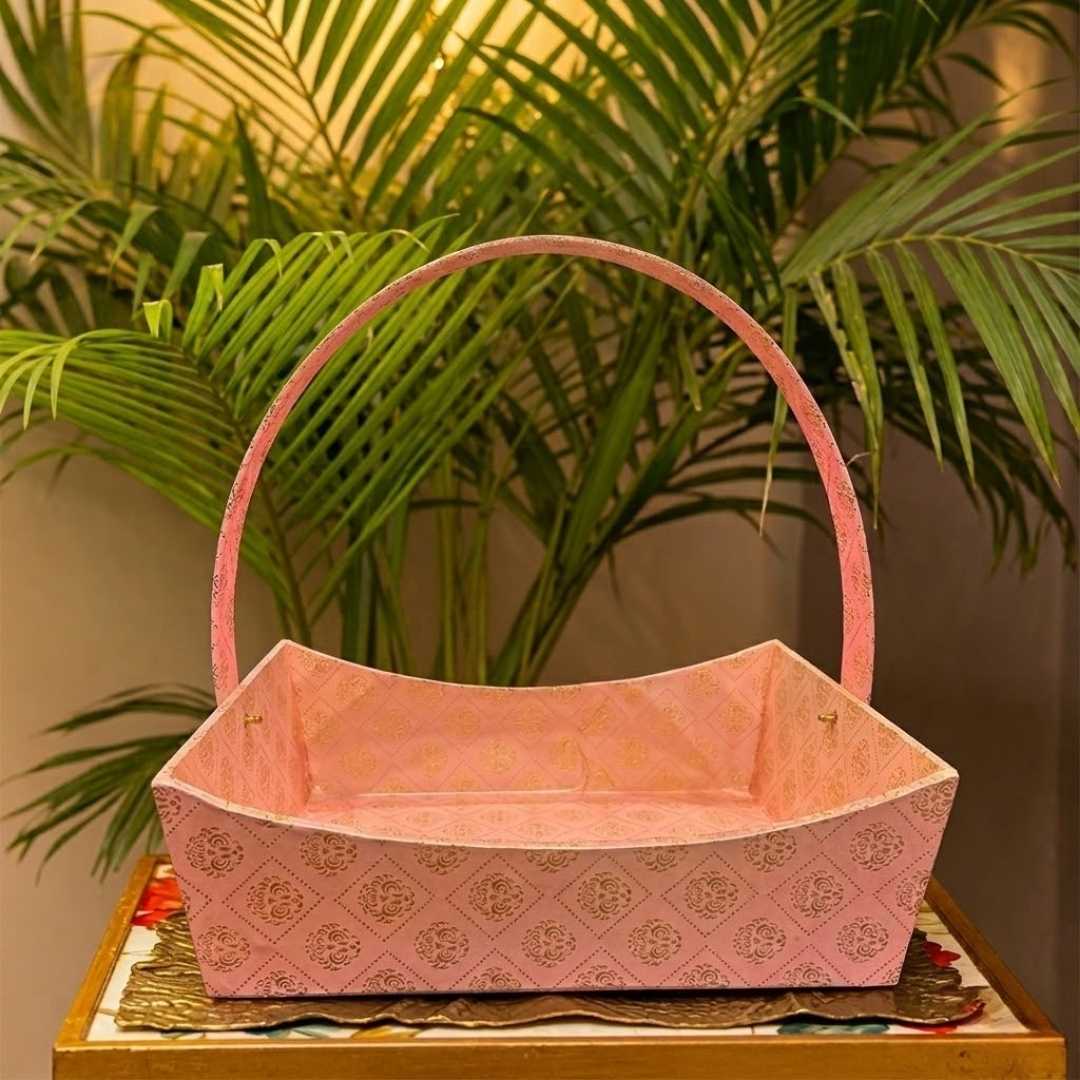 Pink Brocade Gift Hamper Basket with Handle (Pack of 3) – 10x8x3.5 Inch MDF Basket