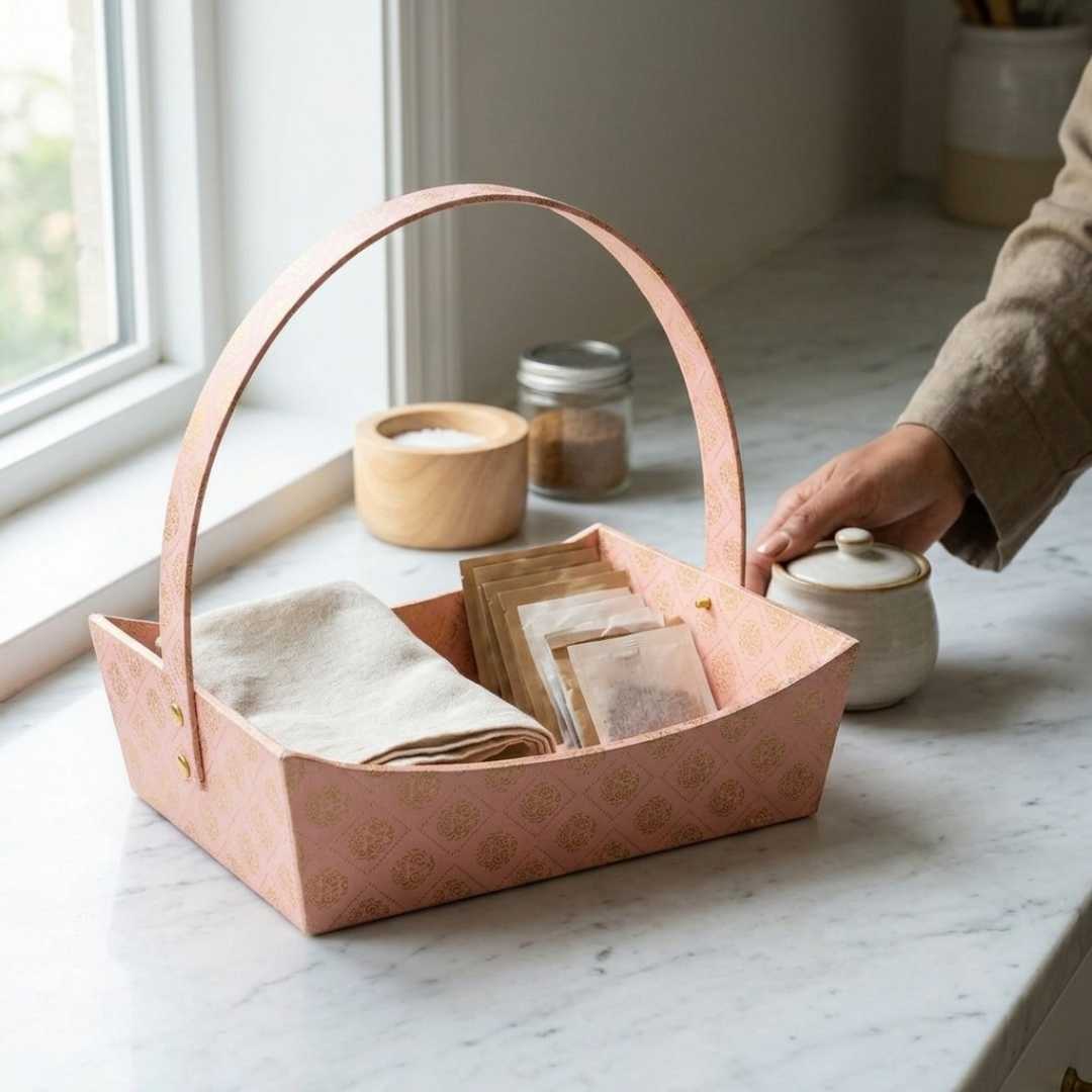 Pink Brocade Gift Hamper Basket with Handle (Pack of 3) – 10x8x3.5 Inch MDF Basket