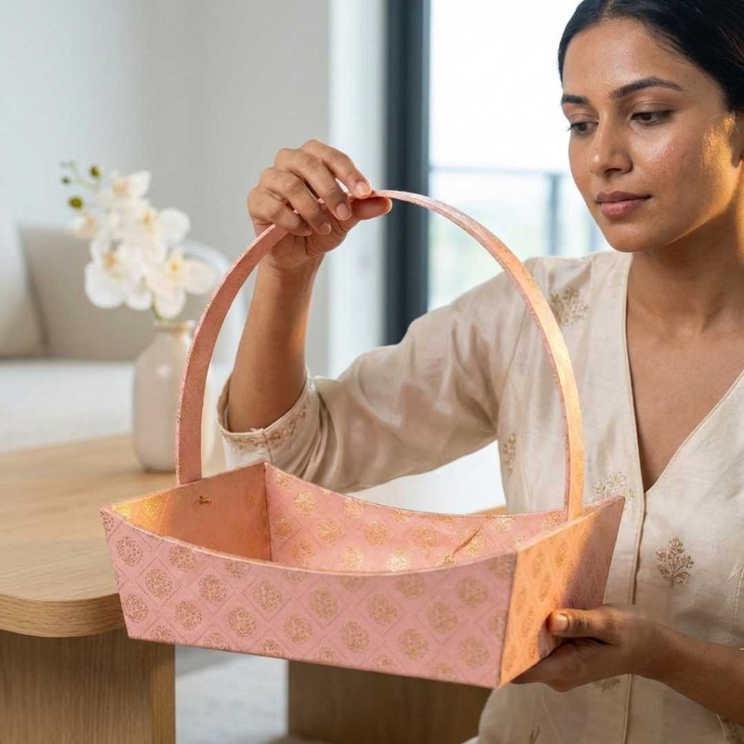 Pink Brocade Gift Hamper Basket with Handle (Pack of 3) – 10x8x3.5 Inch MDF Basket