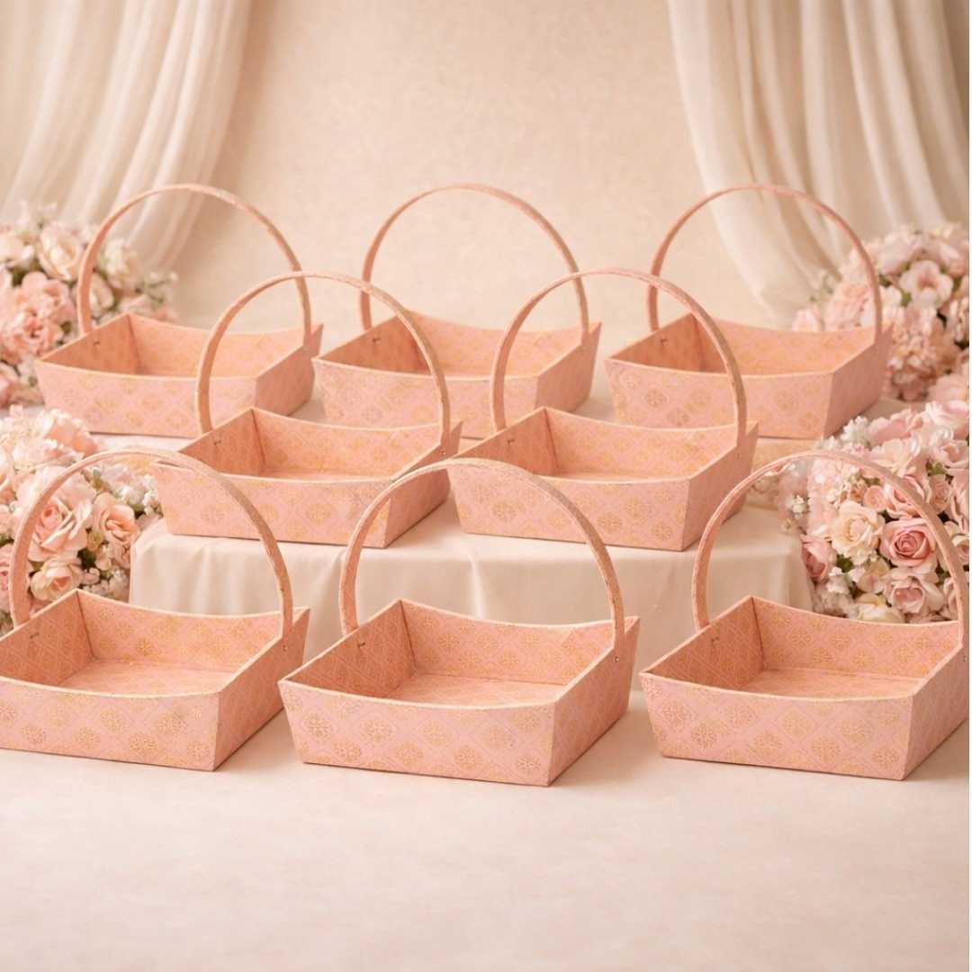 Pink Brocade Gift Hamper Basket with Handle (Pack of 3) – 10x8x3.5 Inch MDF Basket