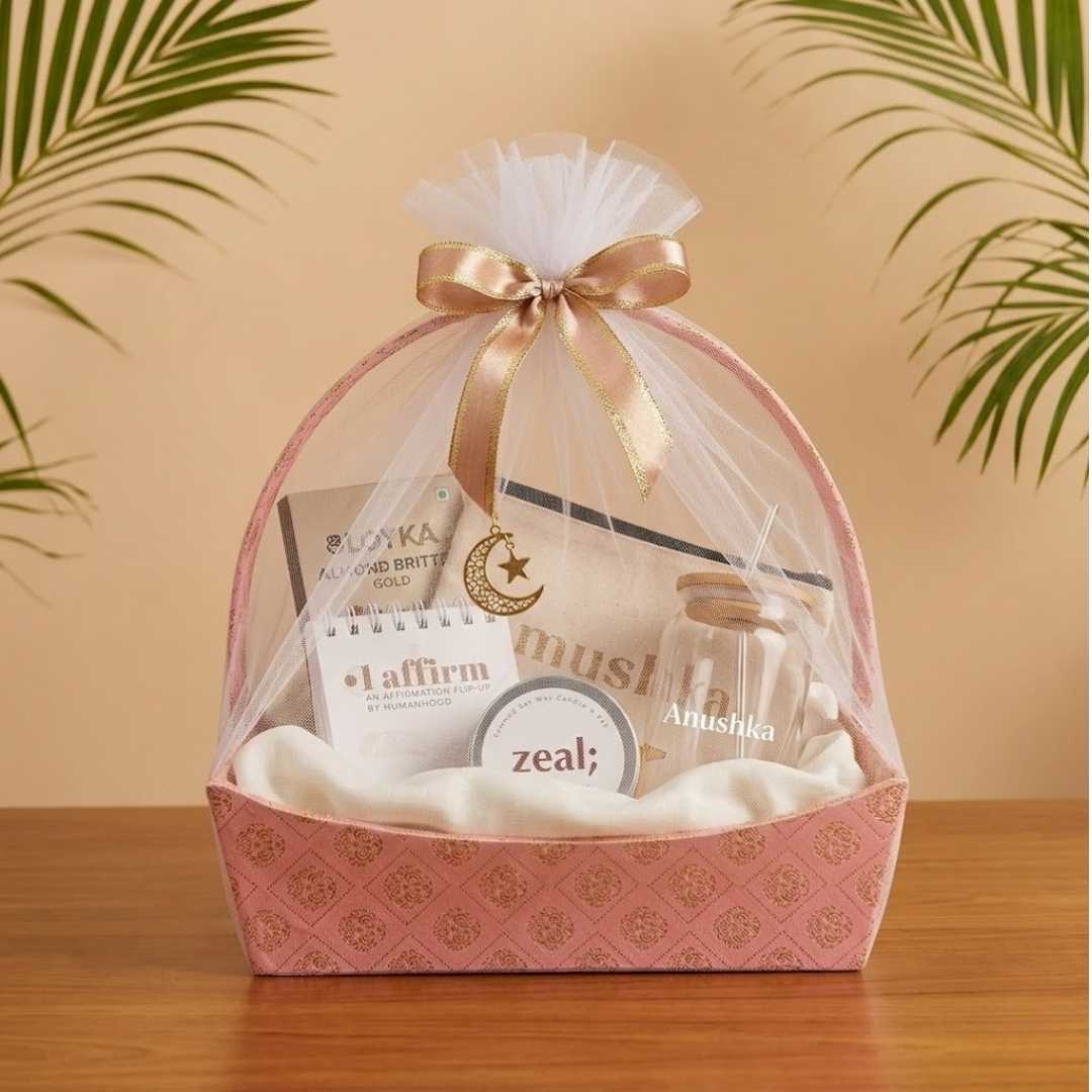 Pink Brocade Gift Hamper Basket with Handle (Pack of 3) – 10x8x3.5 Inch MDF Basket