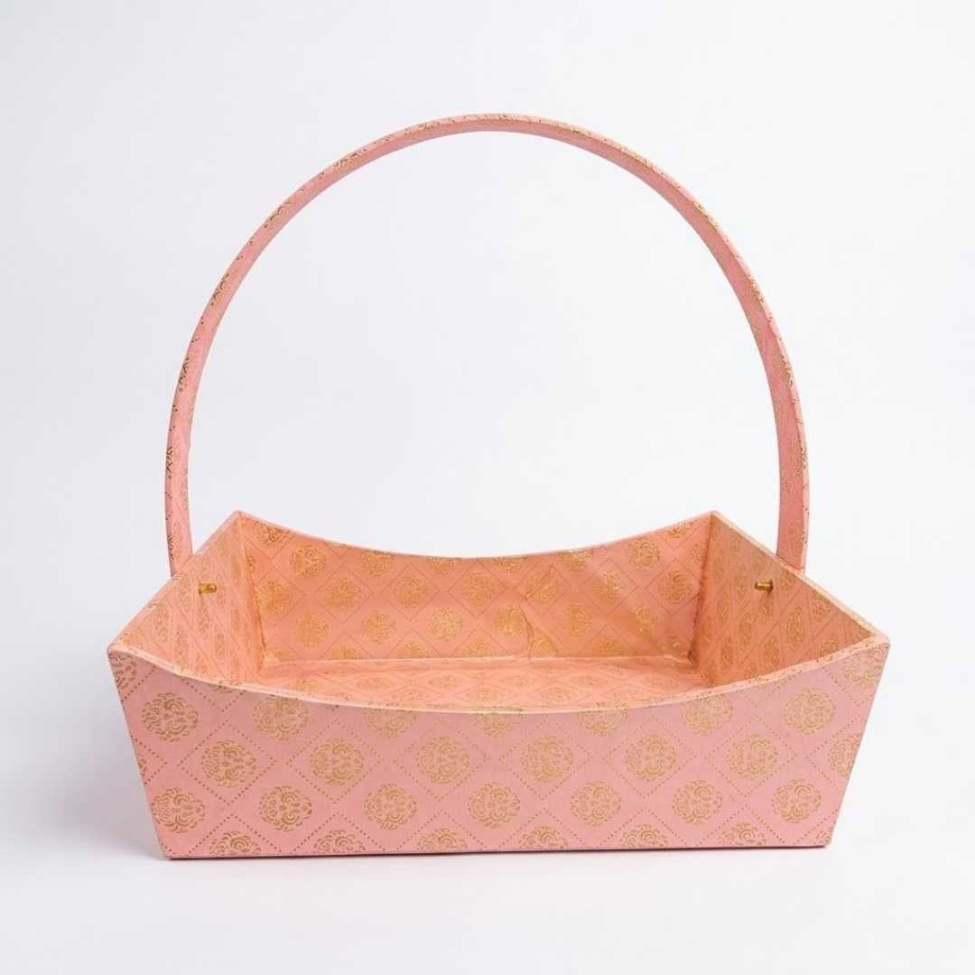 Pink Brocade Gift Hamper Basket with Handle (Pack of 3) – 10x8x3.5 Inch MDF Basket