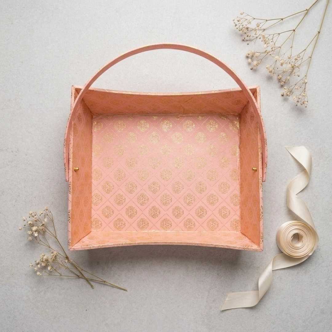 Pink Brocade Gift Hamper Basket with Handle (Pack of 3) – 10x8x3.5 Inch MDF Basket