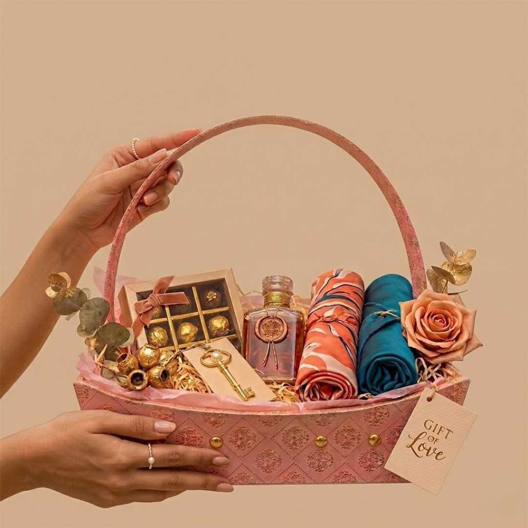 Pink Brocade Gift Hamper Basket with Handle (Pack of 3) – 10x8x3.5 Inch MDF Basket