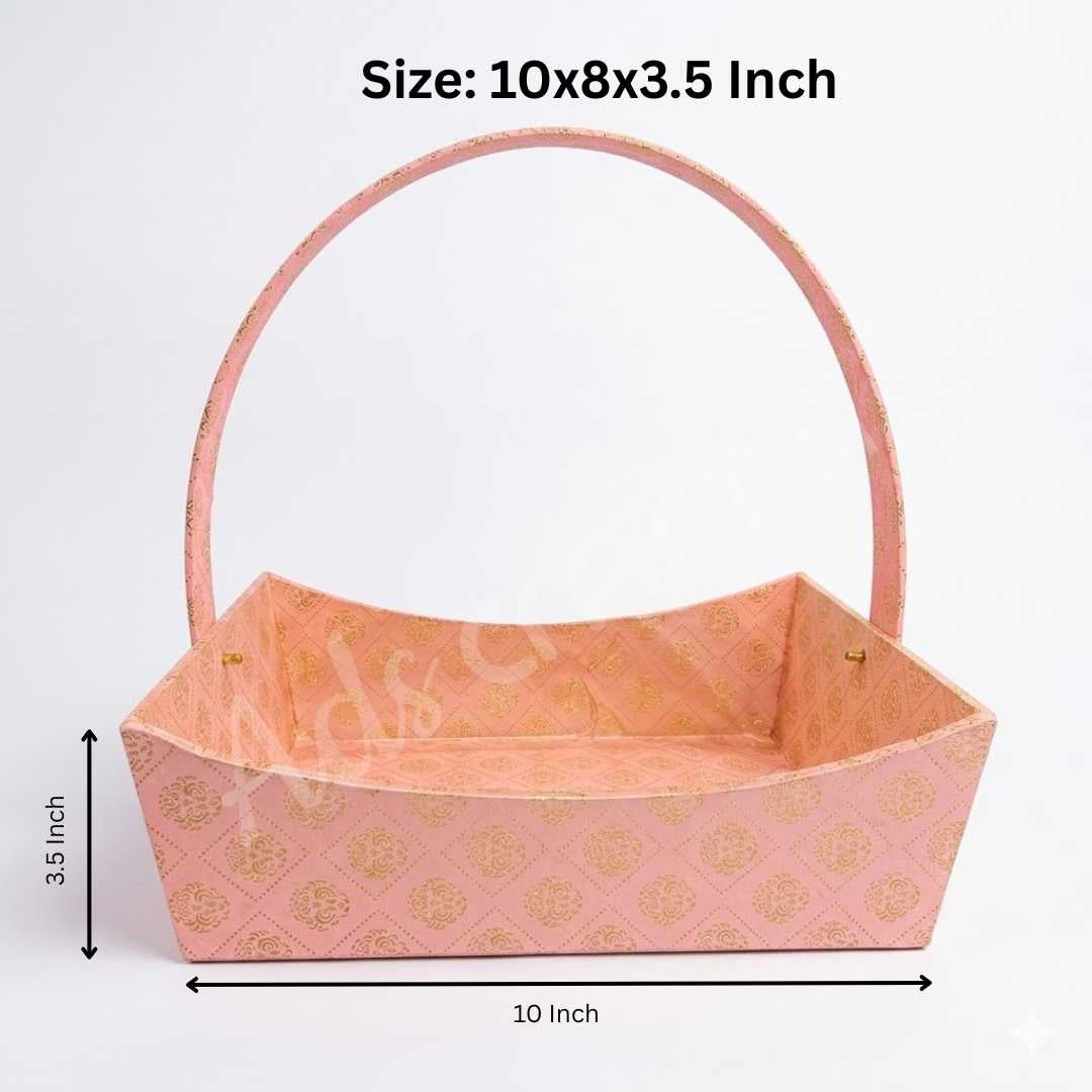 Pink Brocade Gift Hamper Basket with Handle (Pack of 3) – 10x8x3.5 Inch MDF Basket