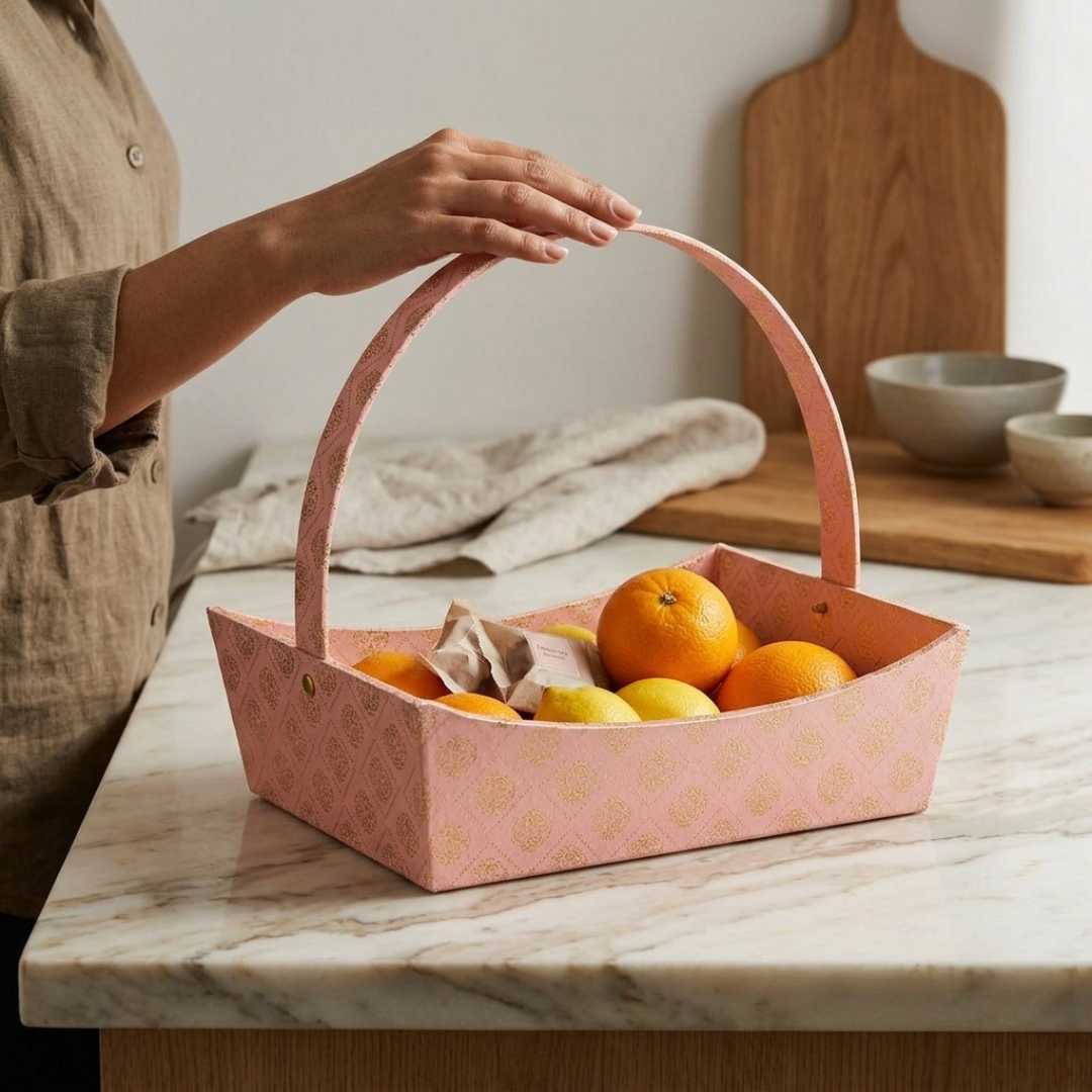 Pink Brocade Gift Hamper Basket with Handle (Pack of 3) – 10x8x3.5 Inch MDF Basket