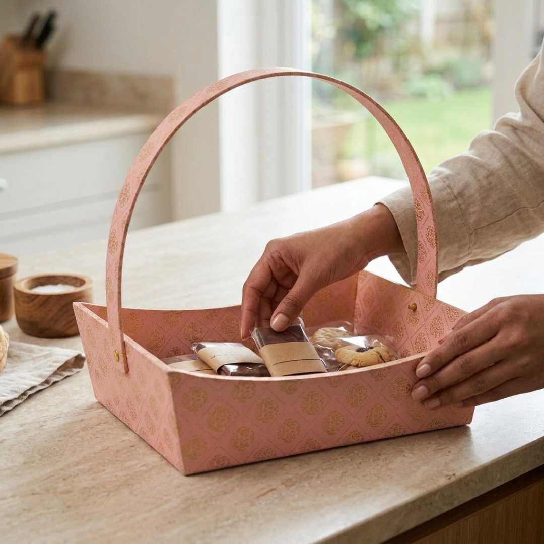 Pink Brocade Gift Hamper Basket with Handle (Pack of 3) – 10x8x3.5 Inch MDF Basket