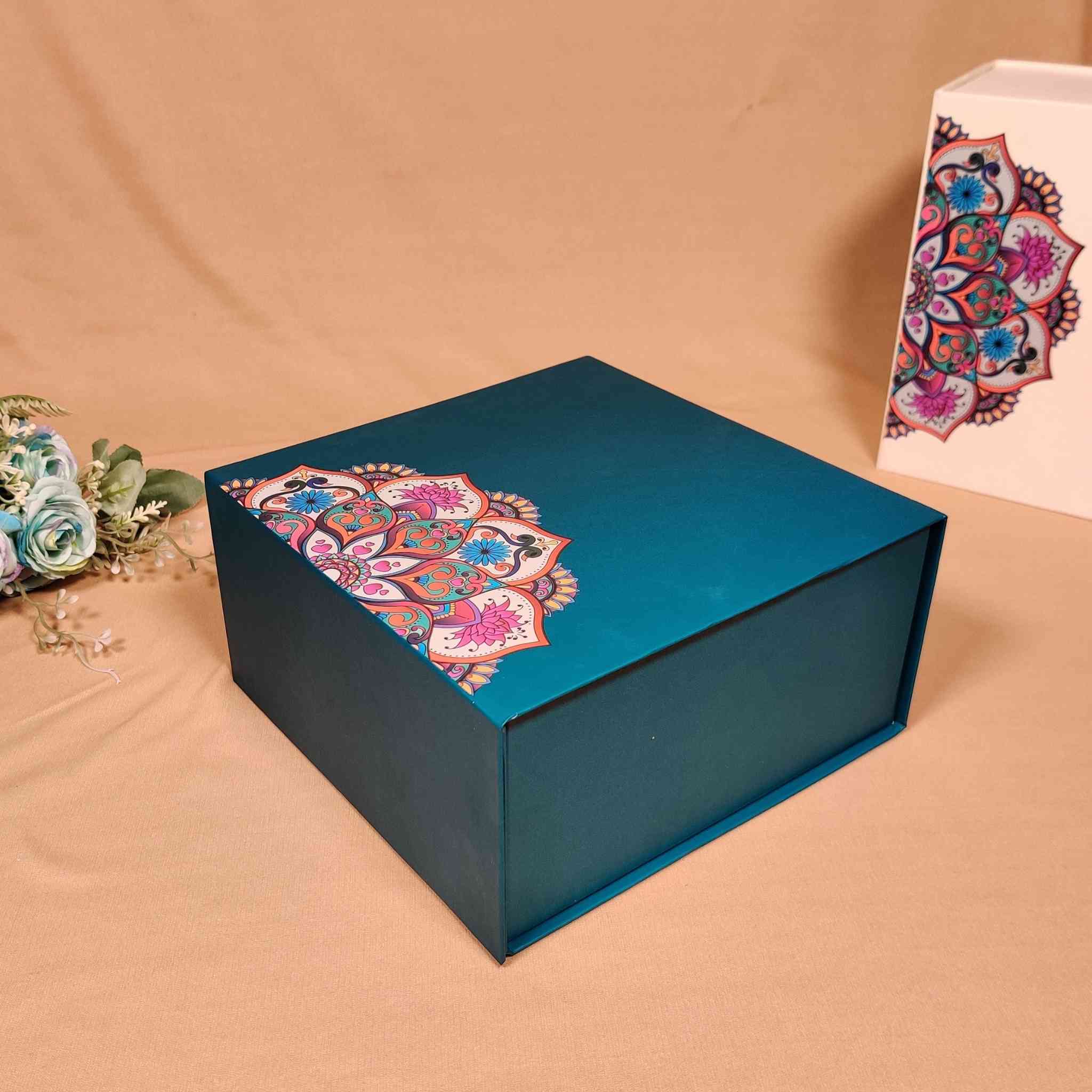 Tabriz Teal Green Floral Flip Box For Gift Hamper (10x10x4 inches)