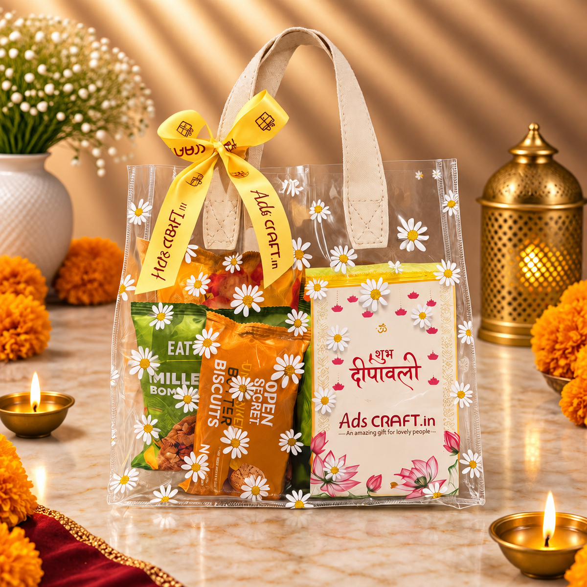 Festive Floral Treat Diwali hamper with makhana, almonds, premium snacks, millet treats and handmade diyas