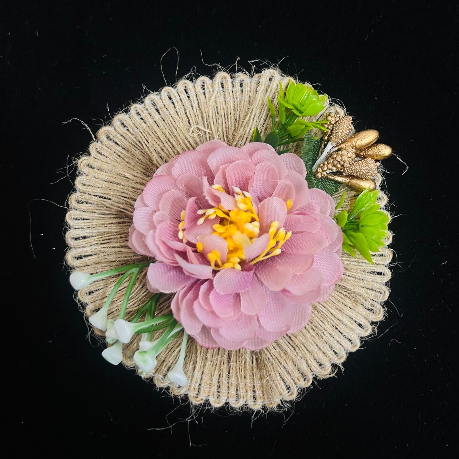 Rustic Blossom Highlight with Jute Circle Base & Blush Flower( Pack of 5 )