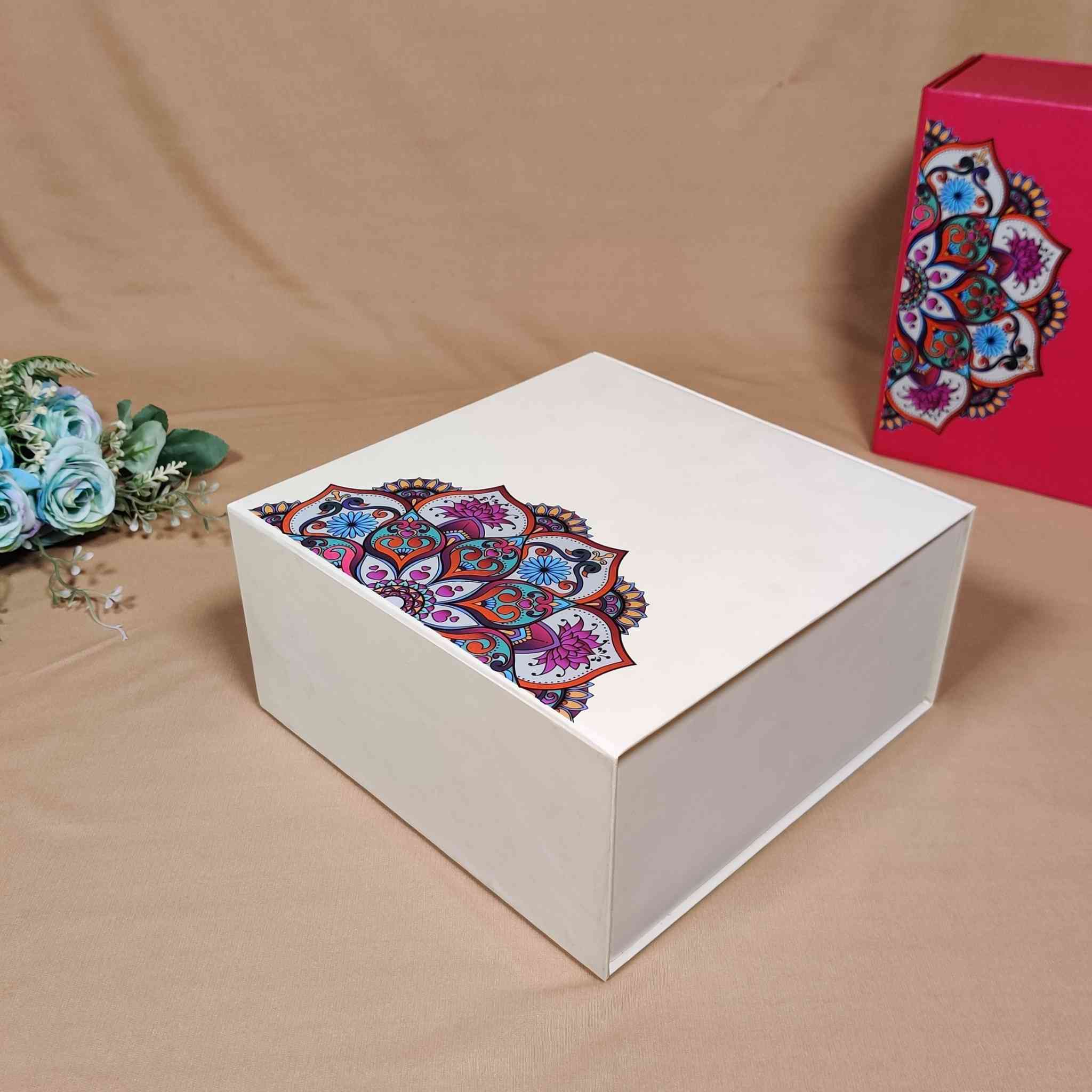 White Floral Flip Box For Gift Hamper (10x10x4 inches)