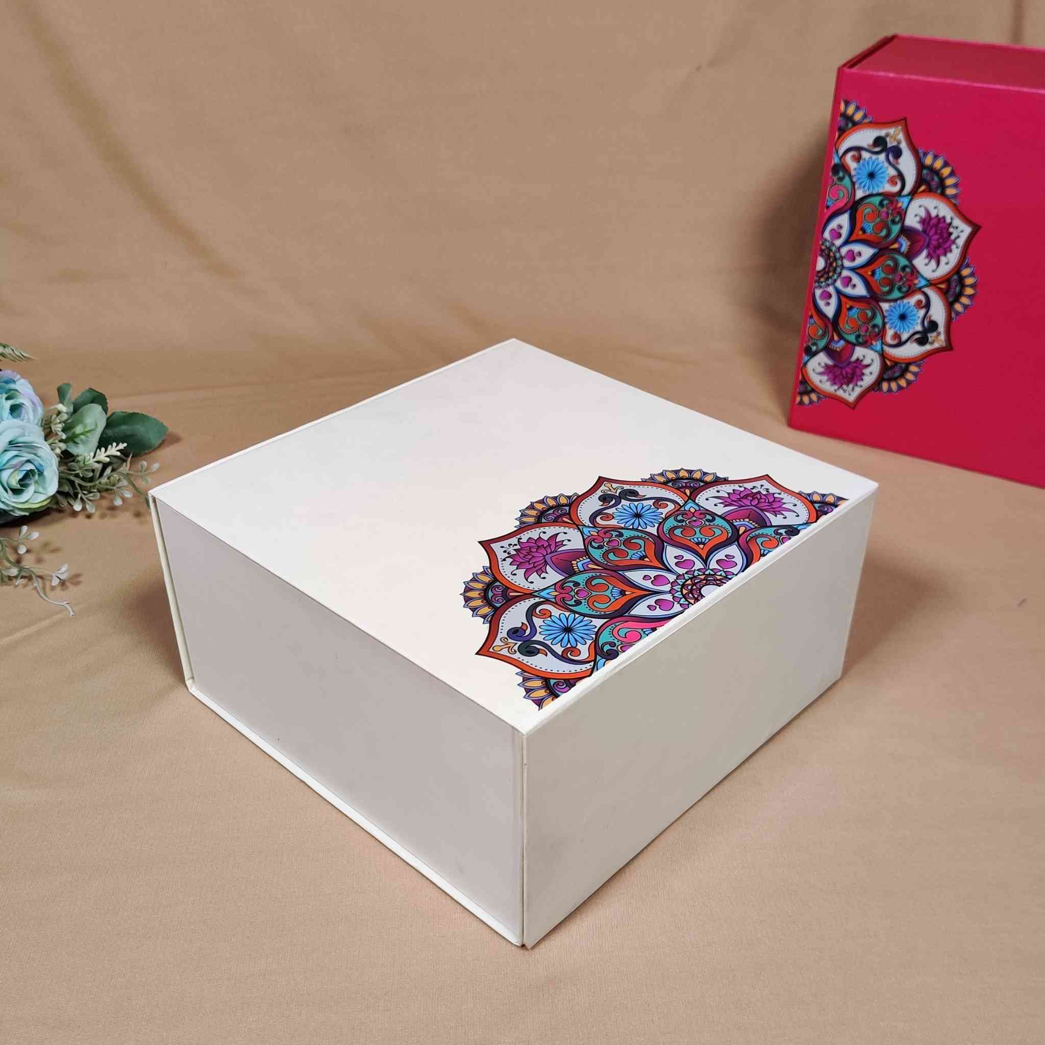 White Floral Flip Box For Gift Hamper (10x10x4 inches)