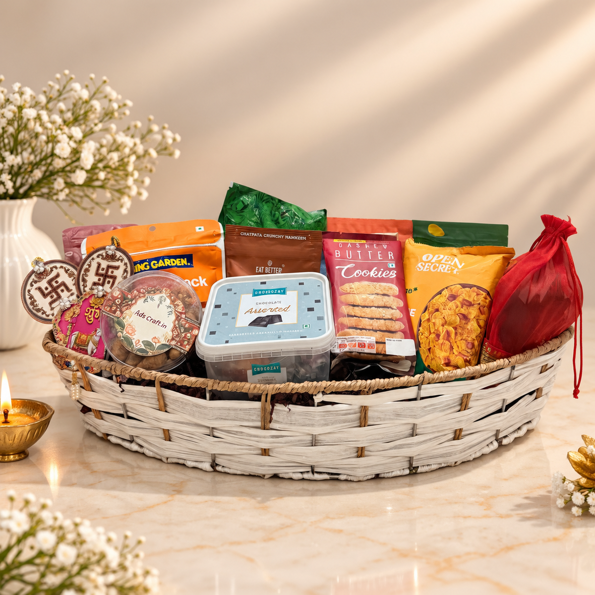 Open Boat Jumbo Diwali hamper with Evernuts dry fruits, Tong Garden snacks, chocolates, makhana and festive gifts