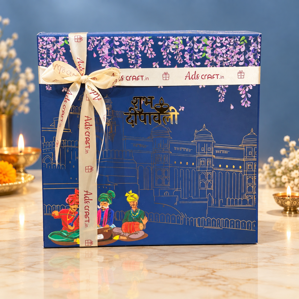 Royal Blue Dry Fruit Luxe Diwali hamper with cashew, almond, pistachio, premium snacks and branded acrylic boxes